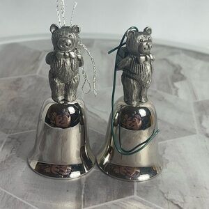 Wallace Silversmiths Teddy Bear Bell Ornaments Set of 2 w/ Box Silverplate